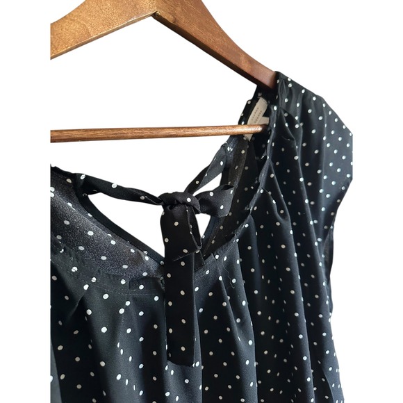 Womens Black White Polka Dot Tie Neck Short Sleeve Blouse Top size large - Picture 6 of 7